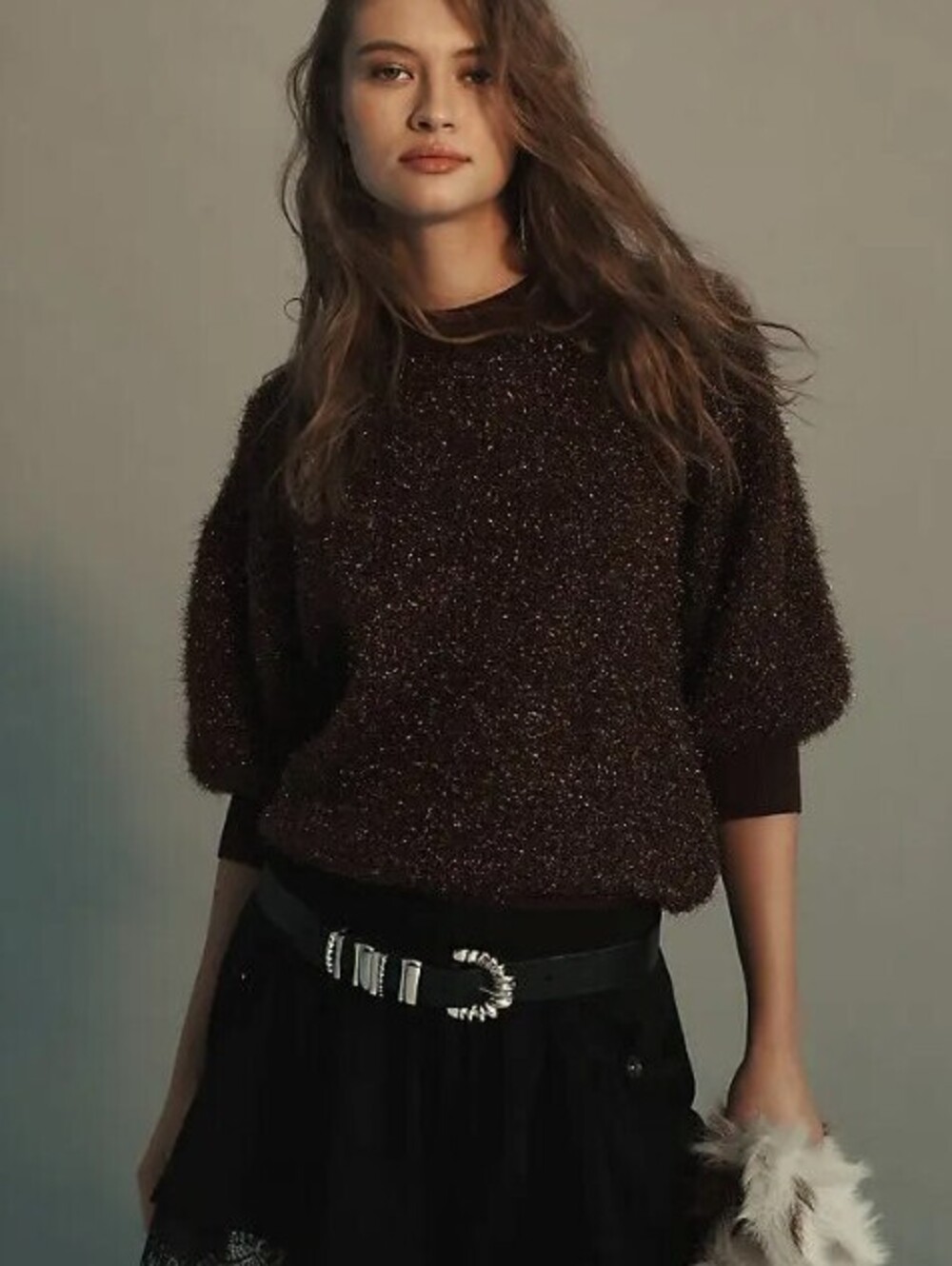 Maeve by Anthropologie Copper Brown Violetta Open Tinsel Sweater - Size - XL